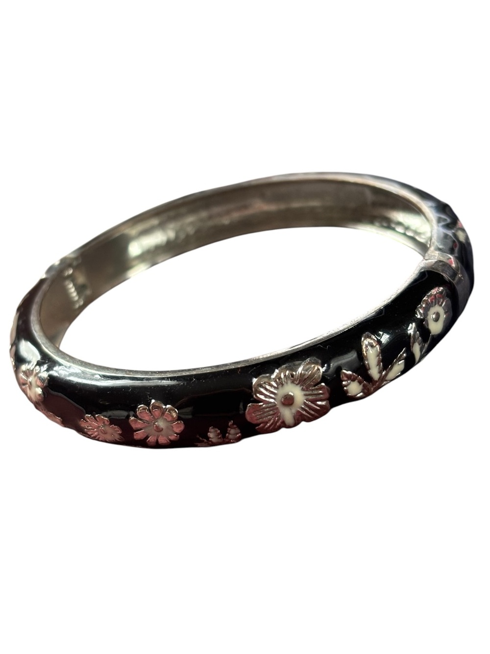Vintage Cloisonne Hinged Bangle Cuff Bracelet Black Floral Enamel Silver Tone